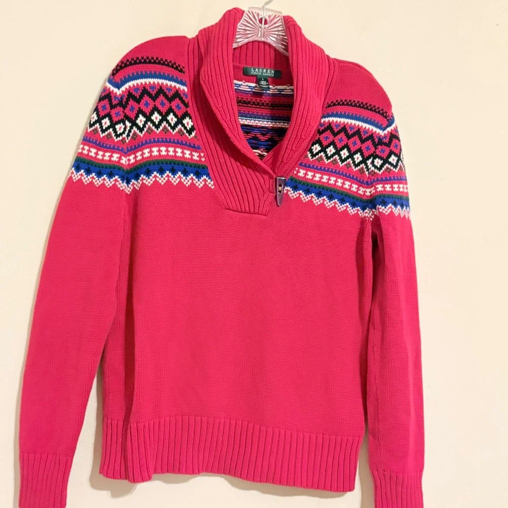Lauren Ralph Lauren Red Fair Isle Shawl Neck Toggle Sweater L Cotton Mens